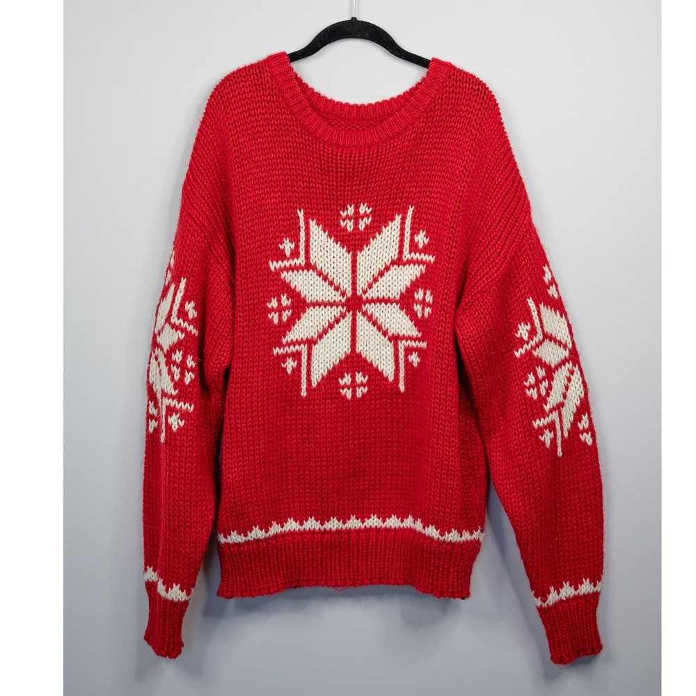 Snowflake Sweater Womens XL Red Excellent Chunky Knit Crew Neck Festive